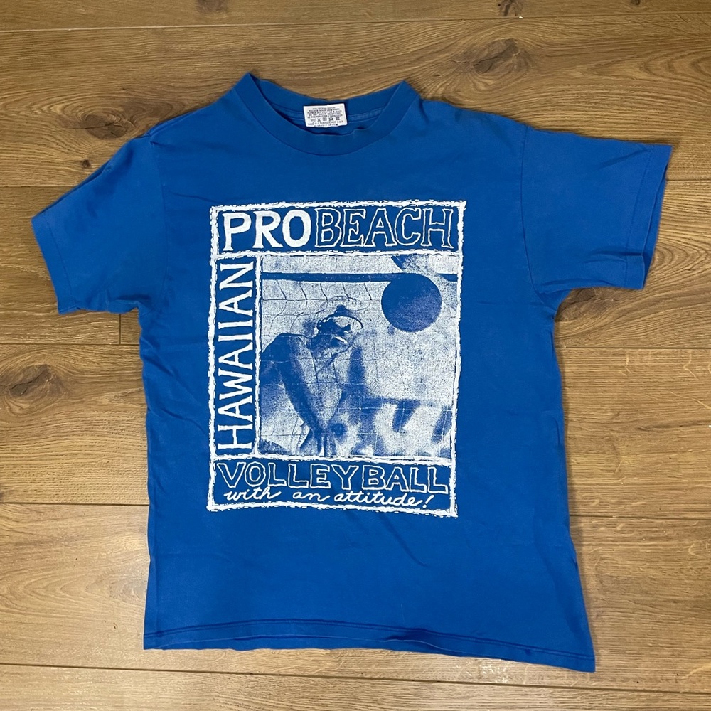 Vintage Reebok 90s Hawaiian Beach Volleyball Blue Shirt Single Stitch Med READ